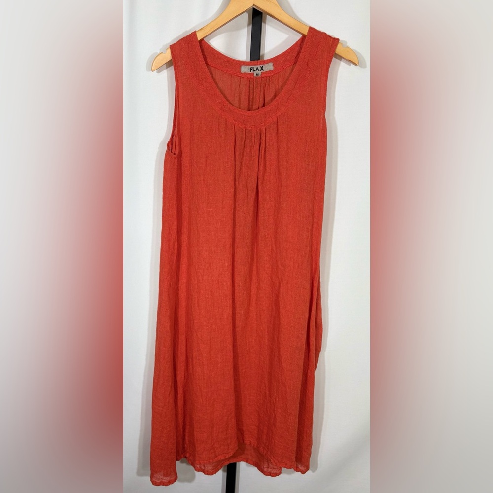Flax Lithuania 100% Linen Dress Orange Lagenlook Boho Rustic Women’s Medium